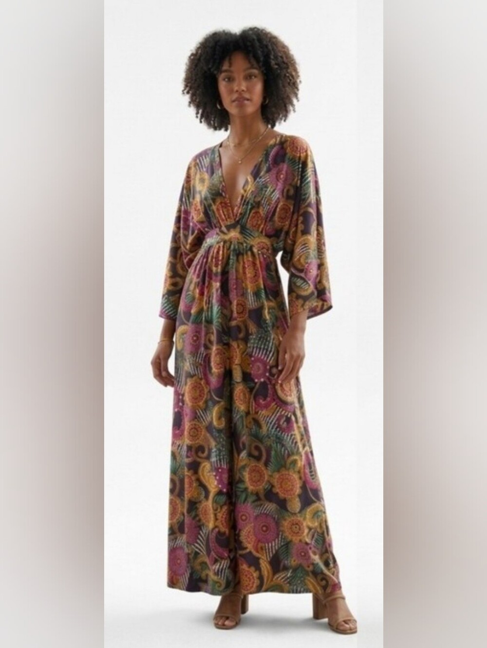 Touch Me Floral Multi-Color Maxi Dress with V-Neck and Tie Waist Woman's - Picture 3 of 11
